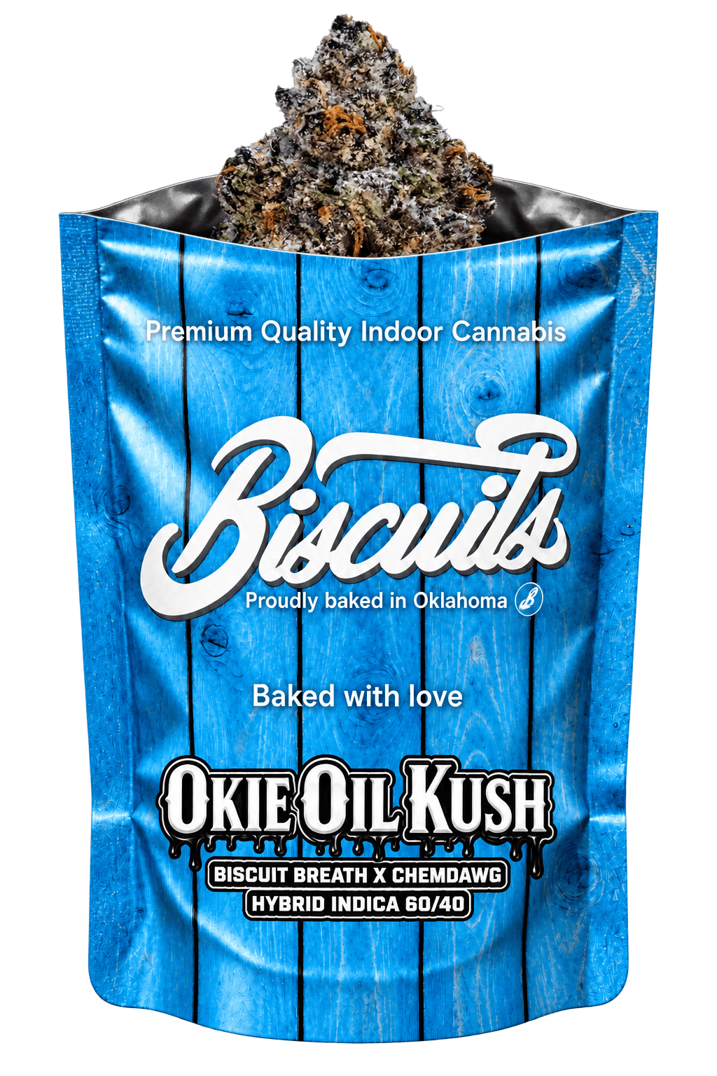 Okie Oil Kush bag with its flower nug emerging from the top