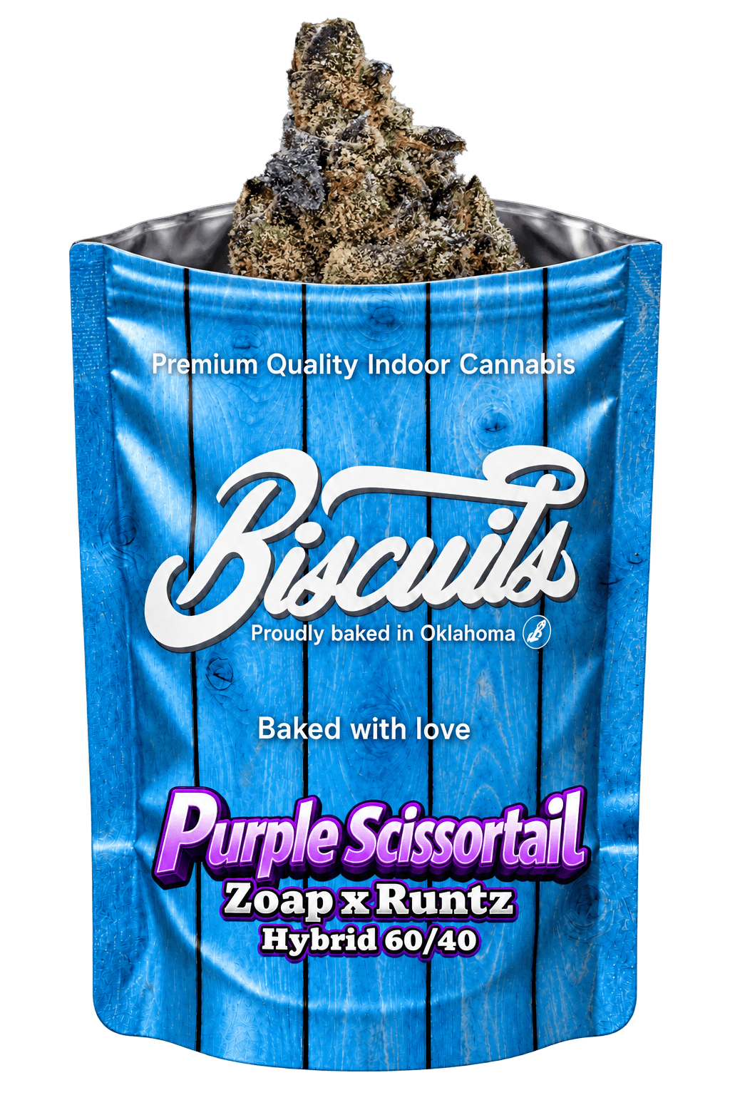 Purple Scissortail bag with its flower nug emerging from the top