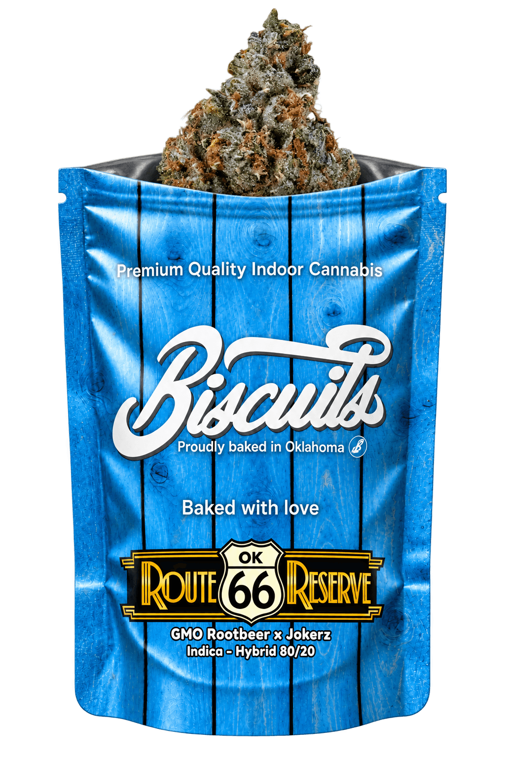 Route 66 Reserve bag with its flower nug emerging from the top