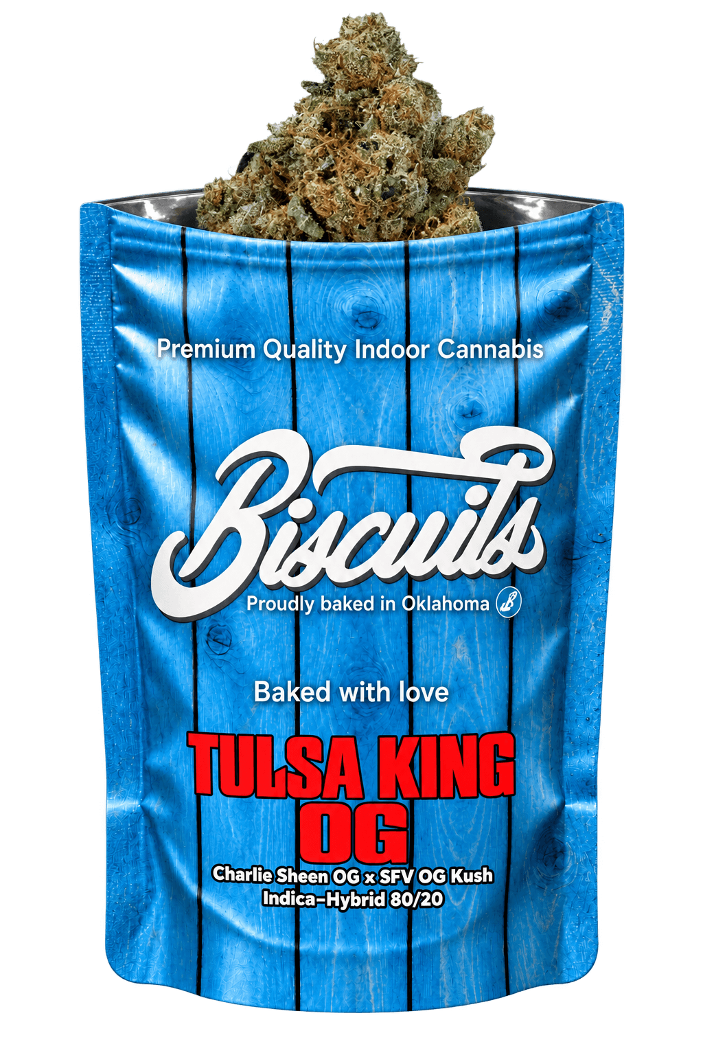 Tulsa King OG bag with its flower nug emerging from the top